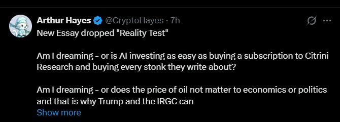 BitMEX co-founder just dropped a major essay called "Reality Test" 