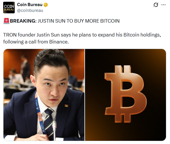 Justin Sun to buy more bitcoin