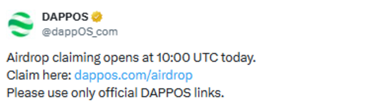 Official DAPPOS X post screenshot showing airdrop claim details Official DAPPOS X post screenshot showing airdrop claim details