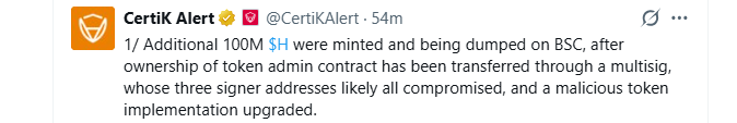 CertiK Alert on H tokens CertiK Alert on H tokens
