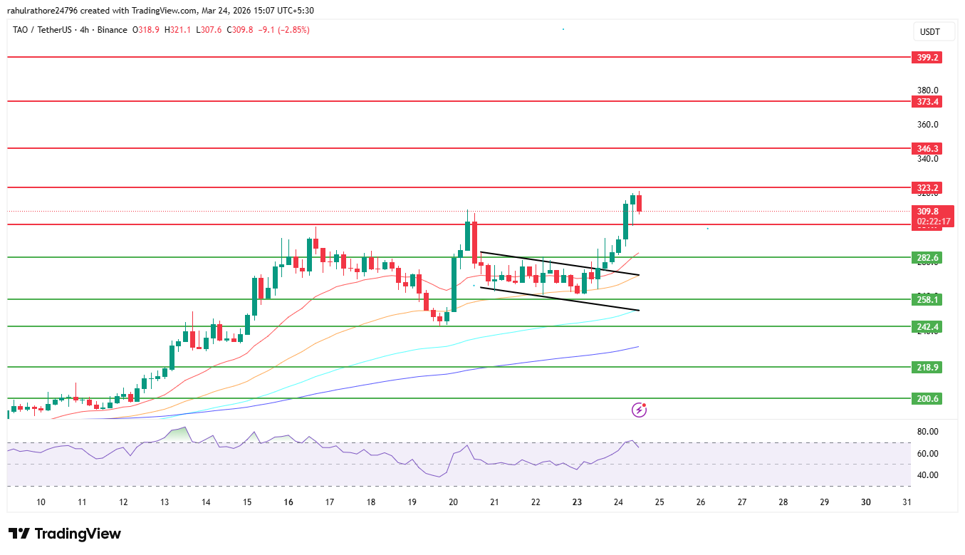 TAO price chart breakout above EMAs with key support and resistance levels