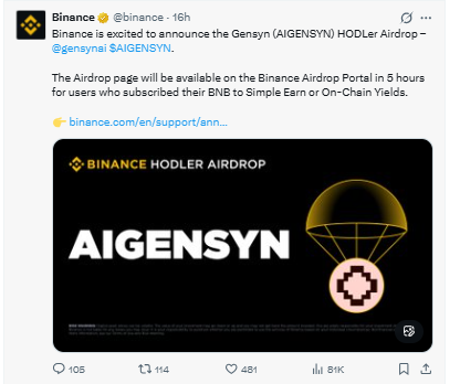 AIGENSYN HODler Airdrop by Binance