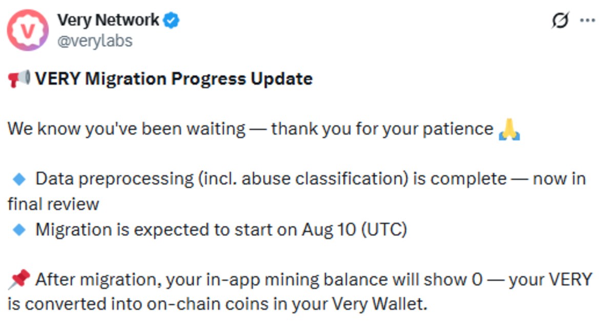 Official Very Network X Post screenshot showing migration update