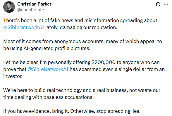 Sible Network CEO Christian Parker offers a $200K reward over scam claims. Sible Network CEO Christian Parker offers a $200K reward over scam claims.