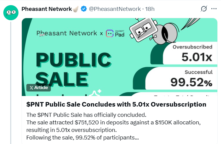 PNT token presale closed