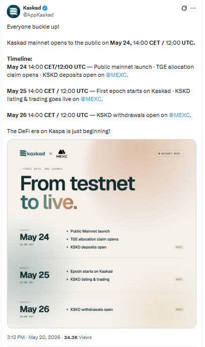 Kaskad Live on MEXC Mainnet live post