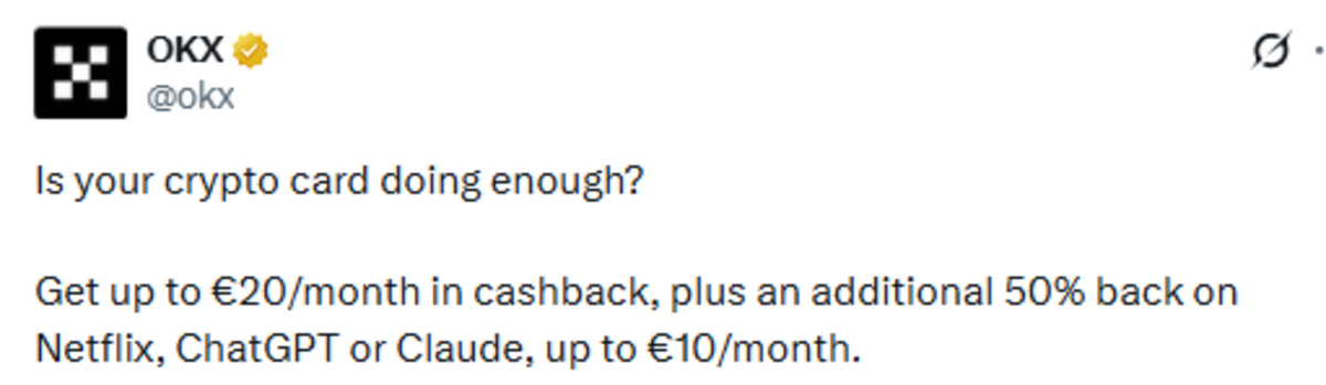 OKX Card Europe Rewards official OKX X post
