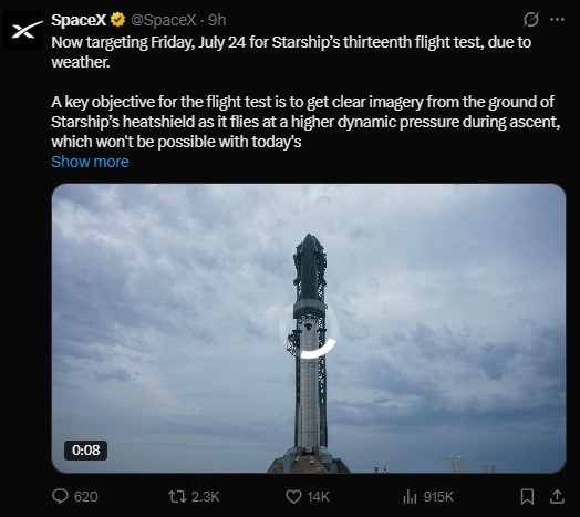 SpaceX pushed back the 13th Starship test flight to July 24 SpaceX pushed back the 13th Starship test flight to July 24