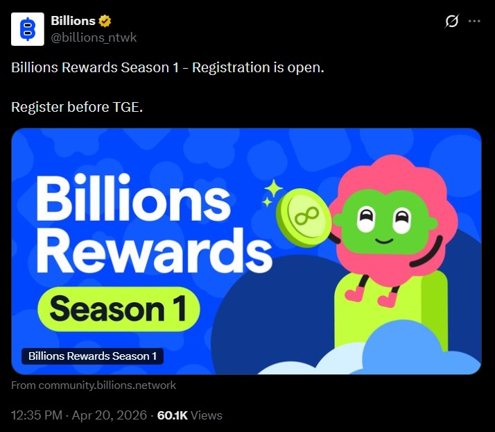 Billions Rewards Season 1 Live before TGE