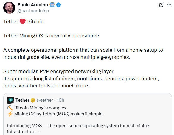 Paolo Ardoino announcement about Tether mining OS