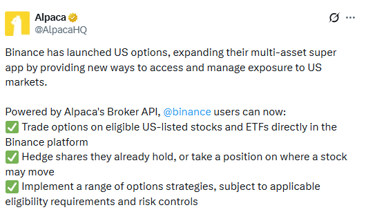 Binance has launched US options