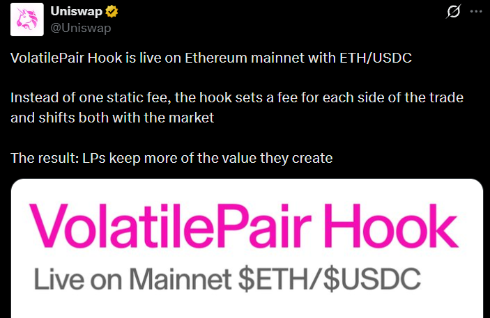Uniswap announced that VolatilePair Hook is live on the Ethereum network Uniswap announced that VolatilePair Hook is live on the Ethereum network