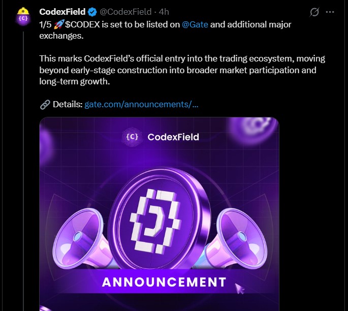 CodexField Wallet Airdrop Listing on Gateio