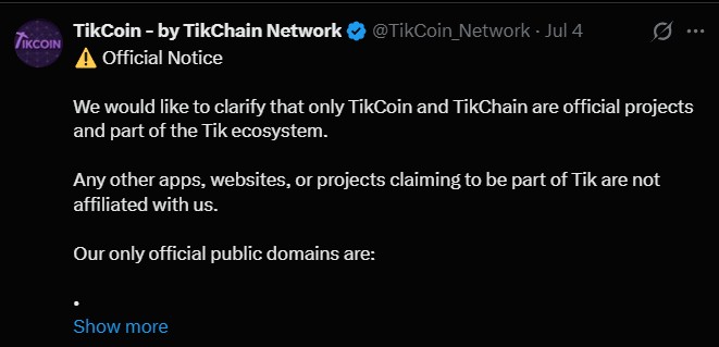 Official Notice: TikCoin Clarifies Its Only Official Domains Official Notice: TikCoin Clarifies Its Only Official Domains