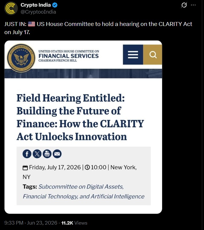 House Financial Services Committee field hearing on the CLARITY Act House Financial Services Committee field hearing on the CLARITY Act