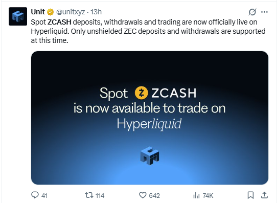 Hyperliquid announces spot Zcash trading with ZEC deposits and withdrawals