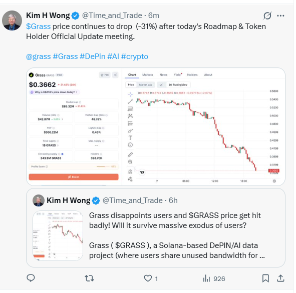 GRASS price drops after token call GRASS price drops after token call