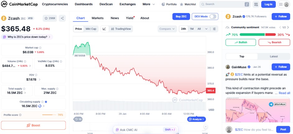 top crypto loser today January 29  Zcash ZEC