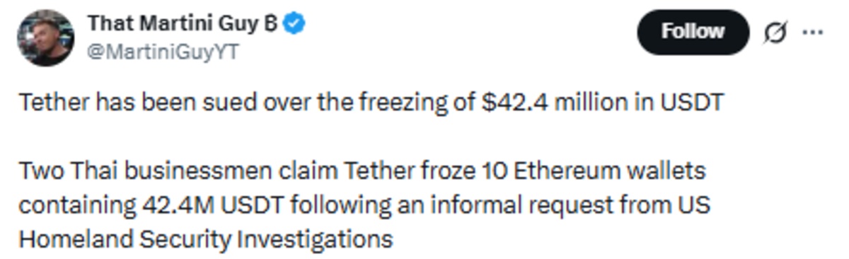 Tether sued USDT freeze x post screenshot showing update