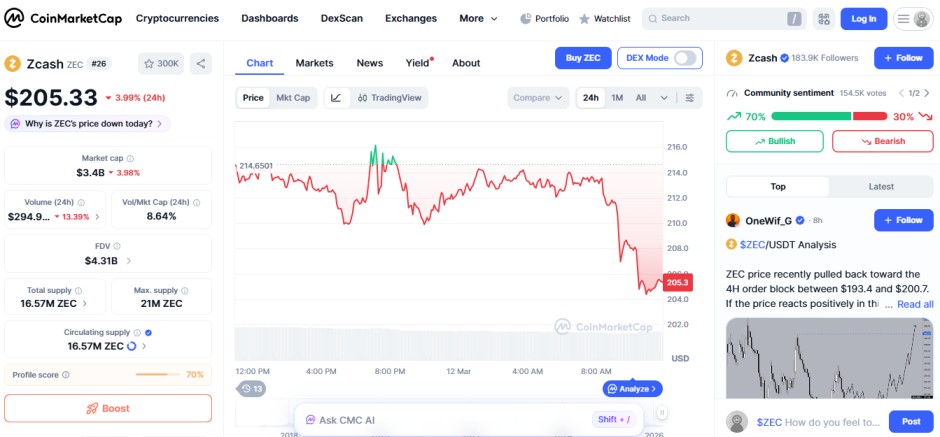 top crypto losers today, ZEC zcash