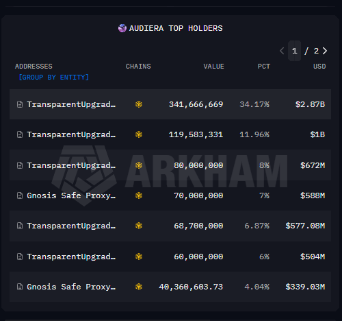 Audiera BEAT top whale holders chart Arkham data June 2026