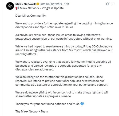 Mirex Network Azure Issue: What the Team Said Mirex Network Azure Issue: What the Team Said
