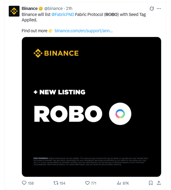 Binance listing announcement for Fabric Protocol ROBO token with seed tag applied