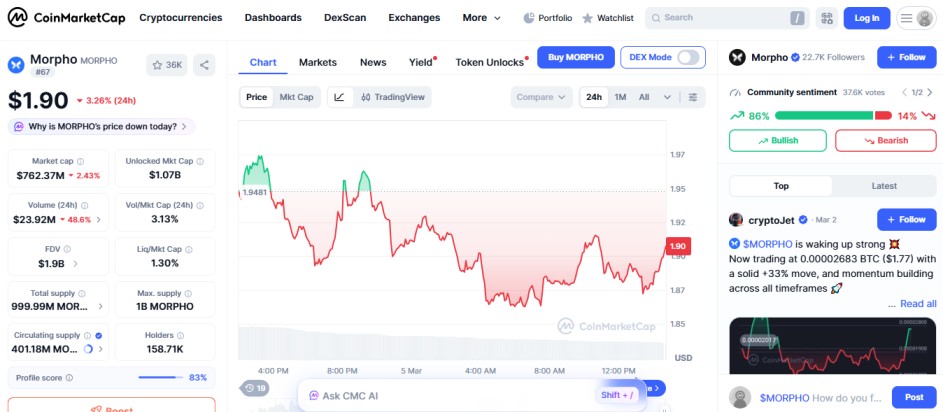 top crypto losers today,  MORPHO