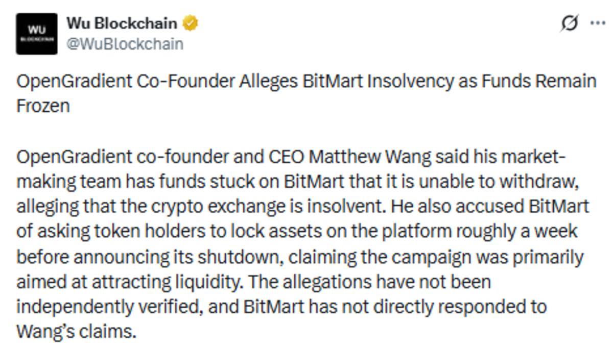 Offiicial WuBlockchain X post showing Bitmart freeze claims
