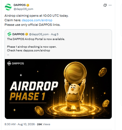 DAPPOS DOS Phase 1 airdrop claim announcement