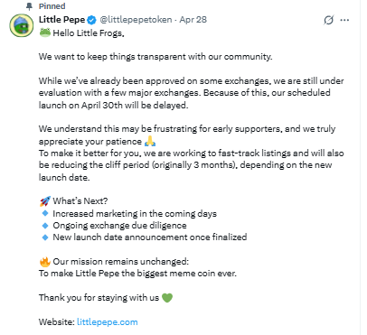 Little Pepe listing date delay tweet April 28 2026 Tier-1 exchange evaluation