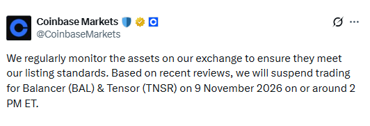 Coinbase Suspends BAL and TNSR Coinbase Suspends BAL and TNSR