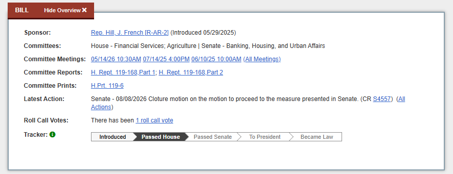 Clarity Act Progress Clarity Act Progress