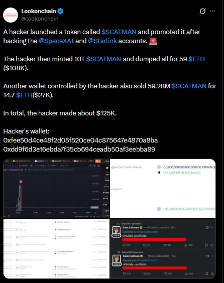SpaceX Starlink hack X accounts to promote SCATMAN SpaceX Starlink hack X accounts to promote SCATMAN