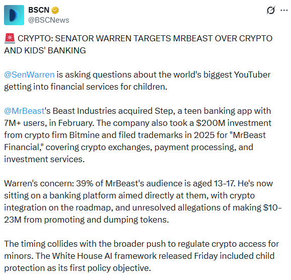 Senator Warren questions MrBeast crypto banking plans for teens