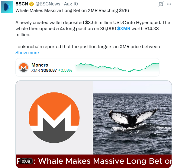XMR Whale Long Position: What the Post Claims