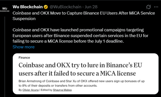 Binance MiCA License Delay: Coinbase and OKX Offer EU Bonuses