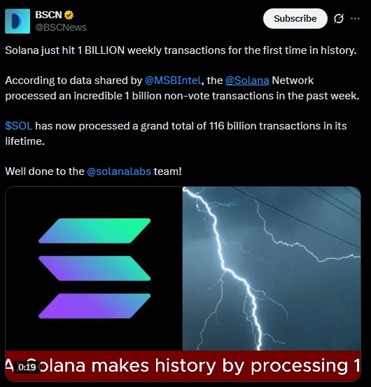 Solana just processed 1 billion weekly non-vote transactions Solana just processed 1 billion weekly non-vote transactions