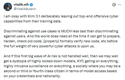 Buterin backed Kimi 3.1 approach of excluding offensive cyber capabilities