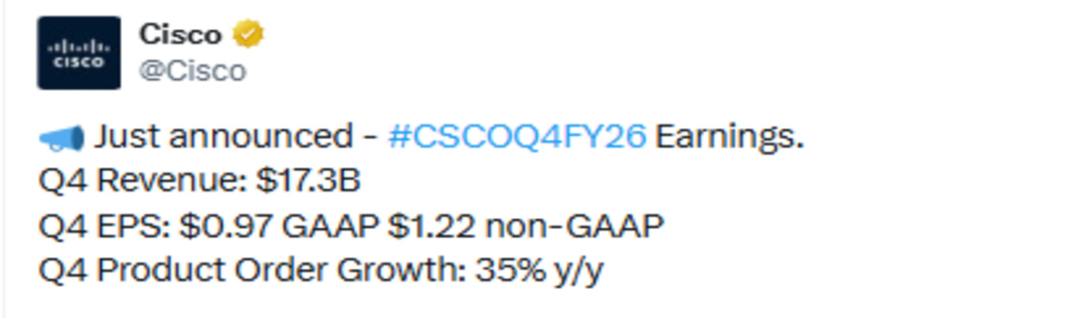 Official Cisco X post showing Q426 earning details Official Cisco X post showing Q426 earning details