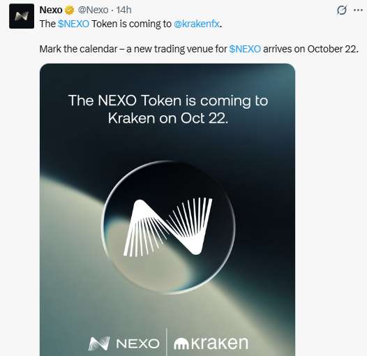 NEXO Kraken Listing highlighting the announced October 22