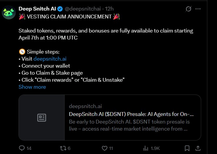 DeepSnitch AI Token Claim Update