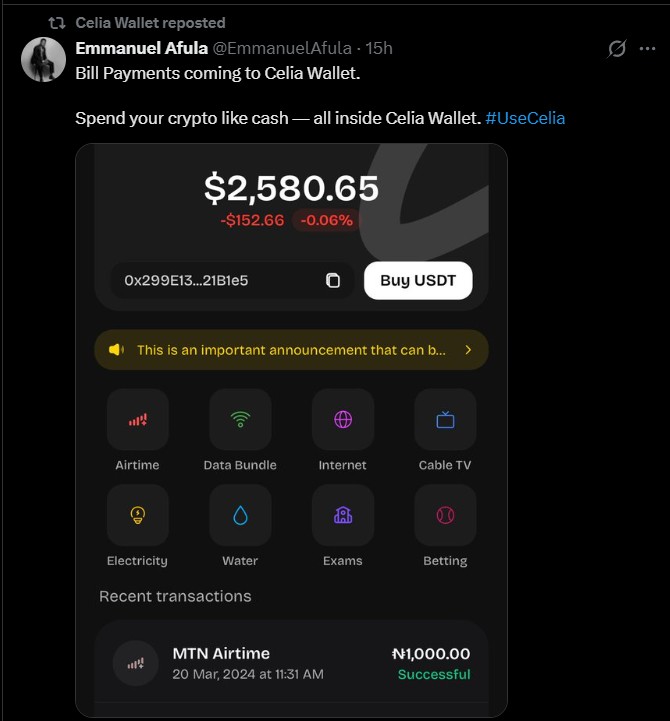 Bill Payments Feature of Celai Wallet