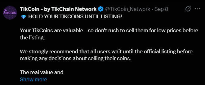 TikCoin Urges Holders to Wait Before Selling TIK