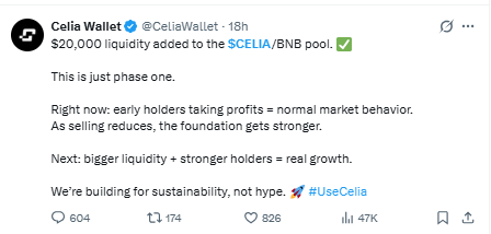 Celia token liquidity added to CELIA BNB pool indicating pre listing phase Celia token liquidity added to CELIA BNB pool indicating pre listing phase