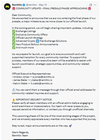 Remittix final presale phase community update tweet Remittix final presale phase community update tweet