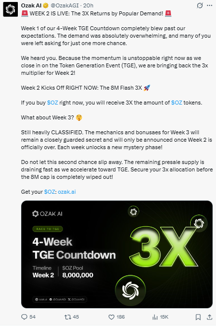 Ozak AI 3X bonus Week 2 TGE countdown banner