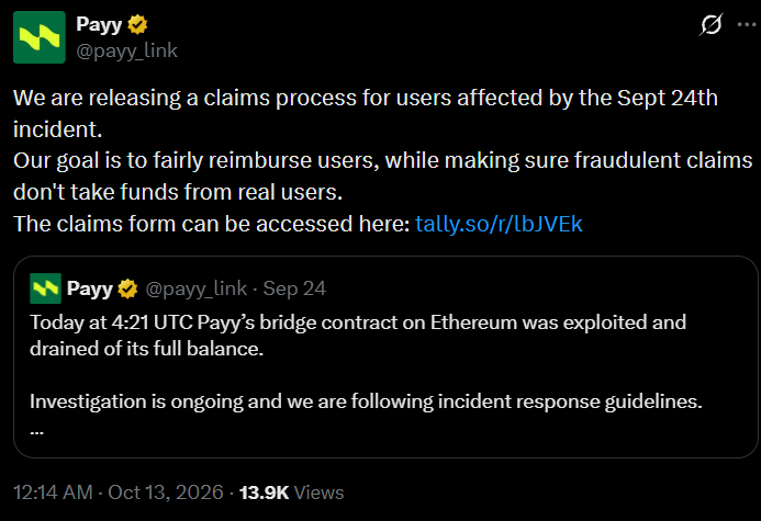 Payy opens a 30-day compensation process after bridge attack