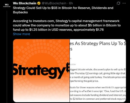 Strategy May Sell Up to $5 Billion Worth of BTC Strategy May Sell Up to $5 Billion Worth of BTC