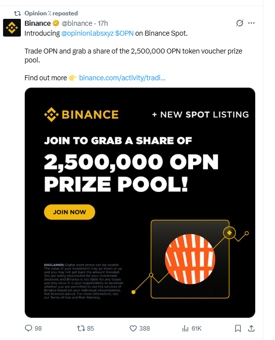 Binance Launchpool OPN token listing and trading campaign announcement